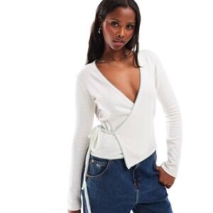 Daisy Street Cream Pointelle Wrap Top Lace Trim Long Sleeve V-Neck US M